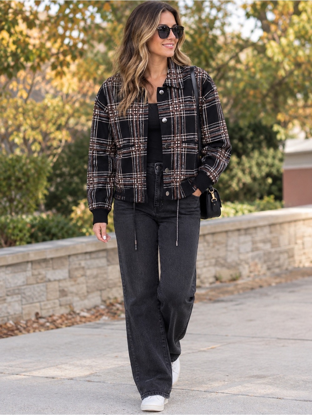 Cyrus Plaid Shacket Black Brown White Checkered Button Up Jacket Medium